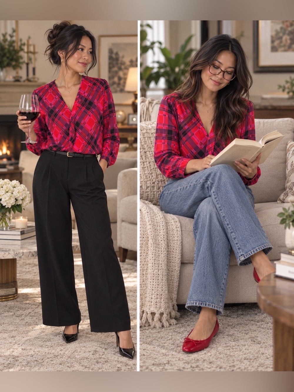 LOFT Red & Black Plaid Surplice Wrap Blouse — Women's Size S